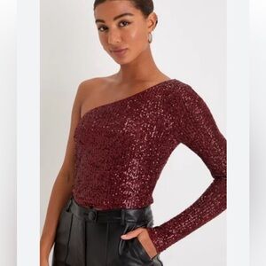 Lulus Red Sequin One-Sleeved Bodysuit
